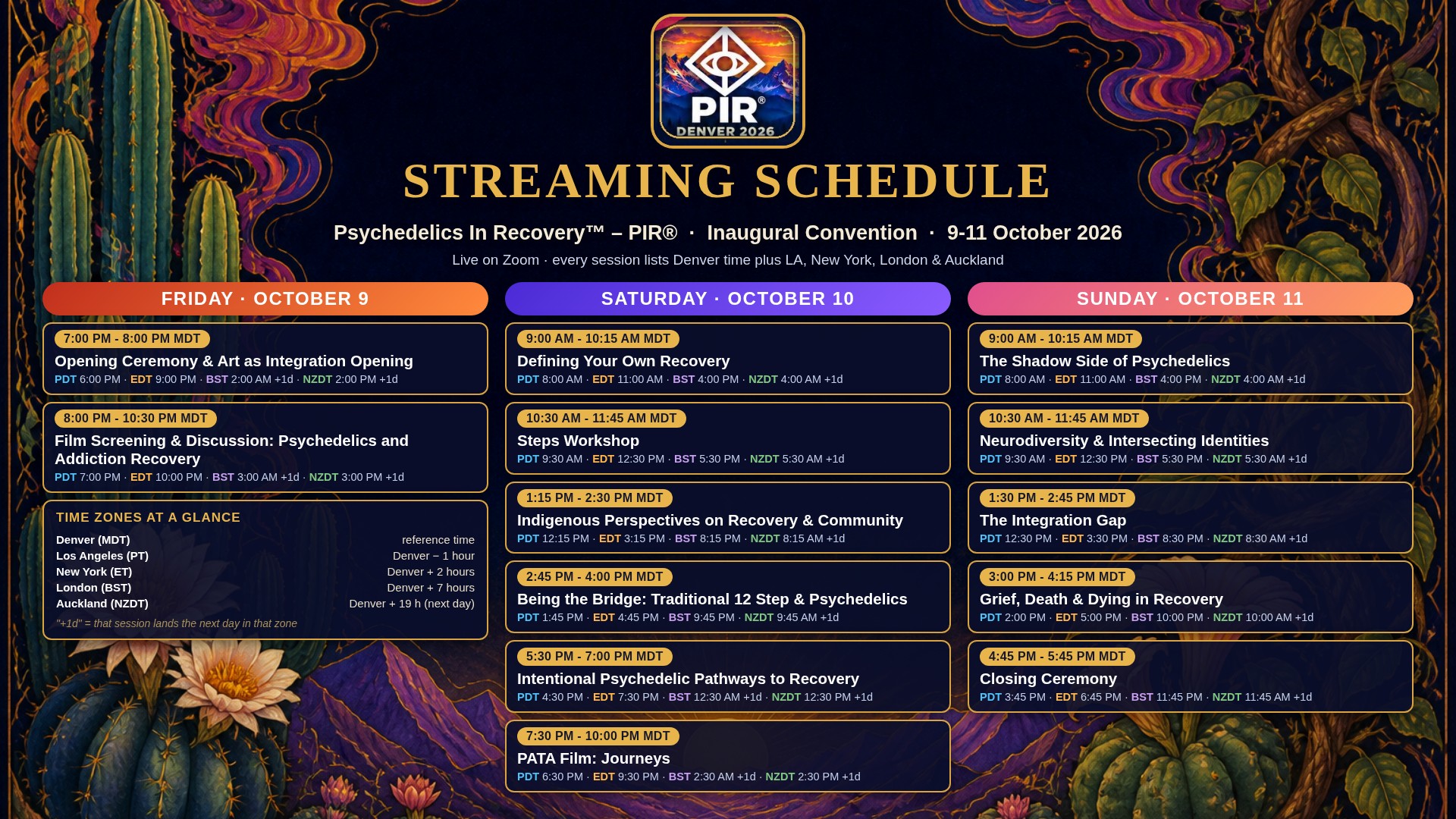 PIR Convention 2026 streaming schedule with times for Denver, Los Angeles, New York, London and Auckland - all sessions Friday through Sunday, live on Zoom