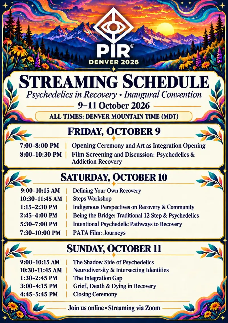 PIR Convention 2026 streaming schedule poster - all sessions Friday through Sunday, October 9-11, Denver Mountain Time